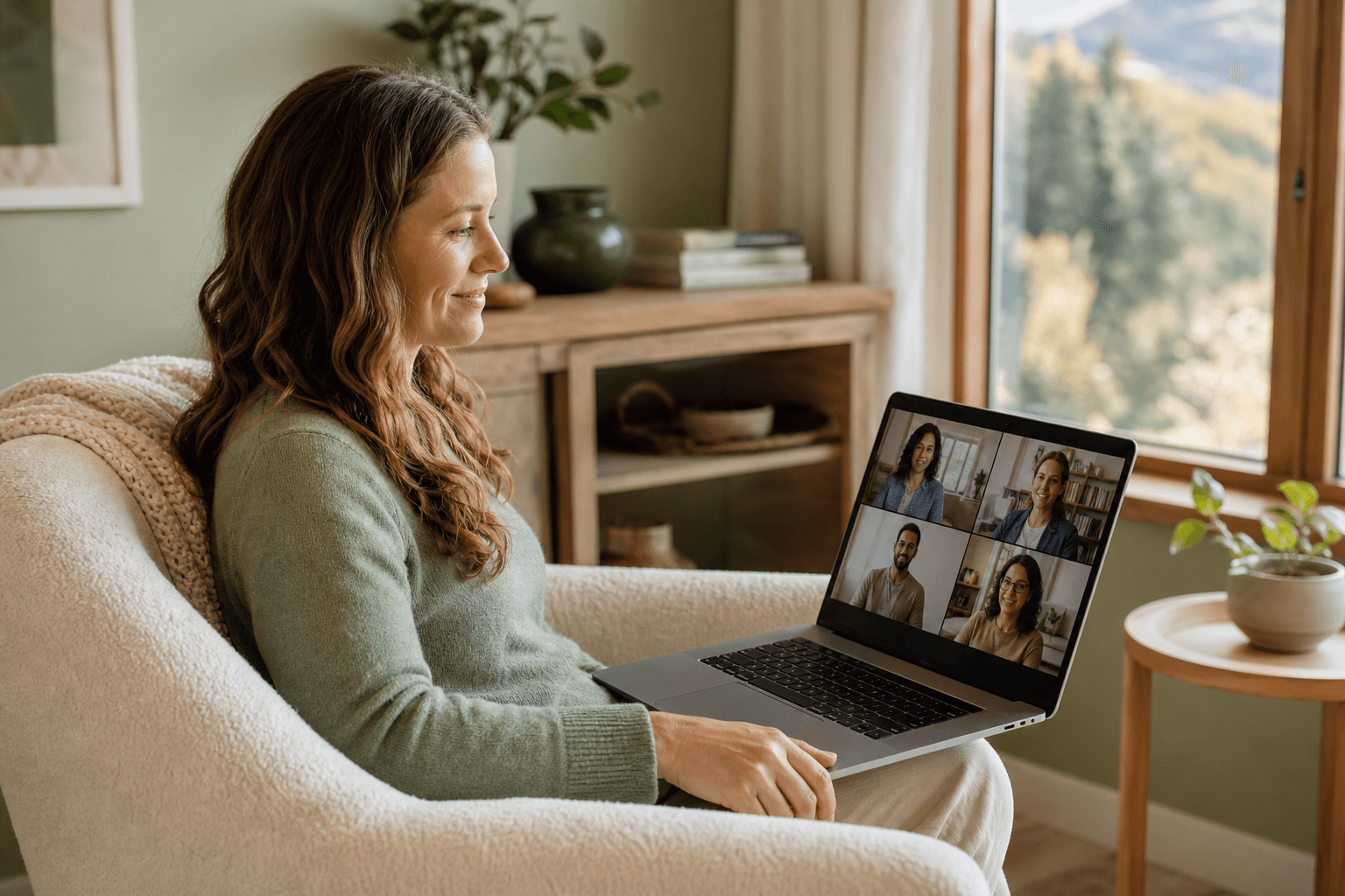 Woman attending virtual IOP group therapy at Inner Peak Colorado