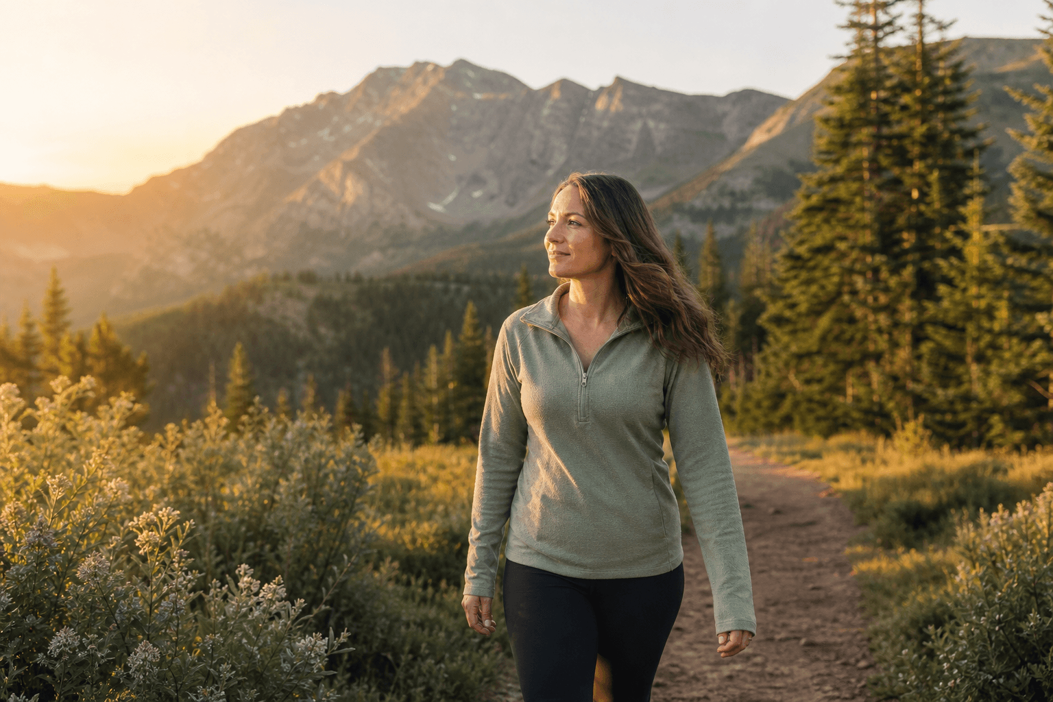 Woman walking in Colorado mountains representing sustained recovery through outpatient care