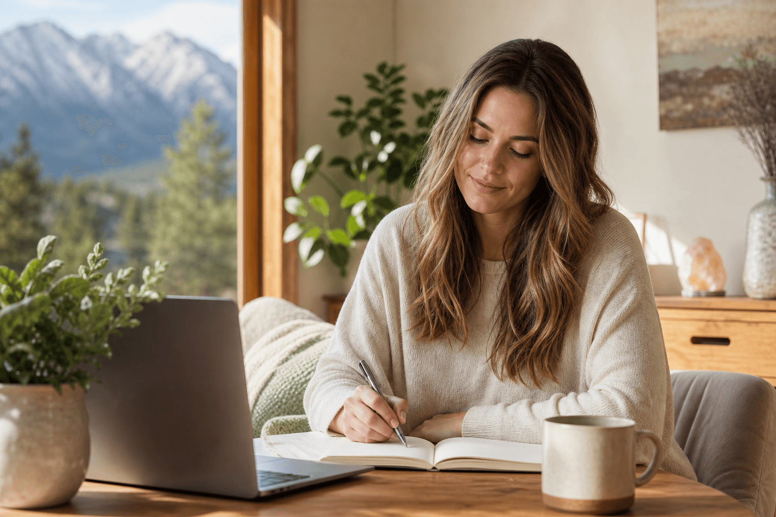Woman journaling and reflecting during virtual outpatient therapy at Inner Peak Colorado