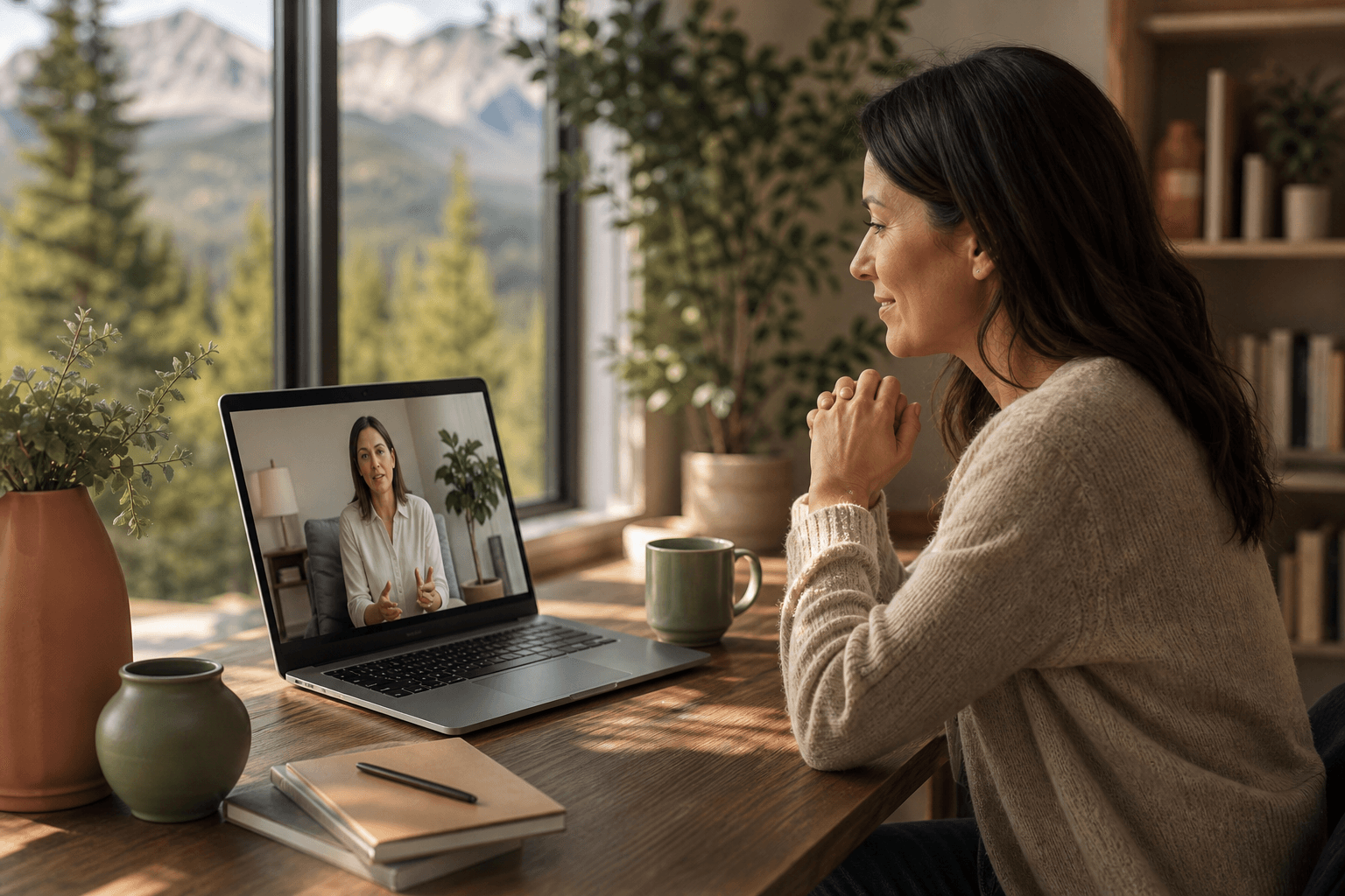 Woman in a Colorado home having a virtual CBT therapy session on a laptop with mountain views