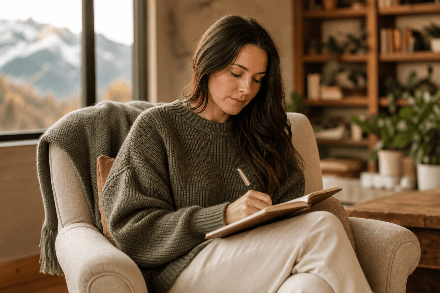 Woman journaling in a warm Colorado home as part of CBT between-session practice