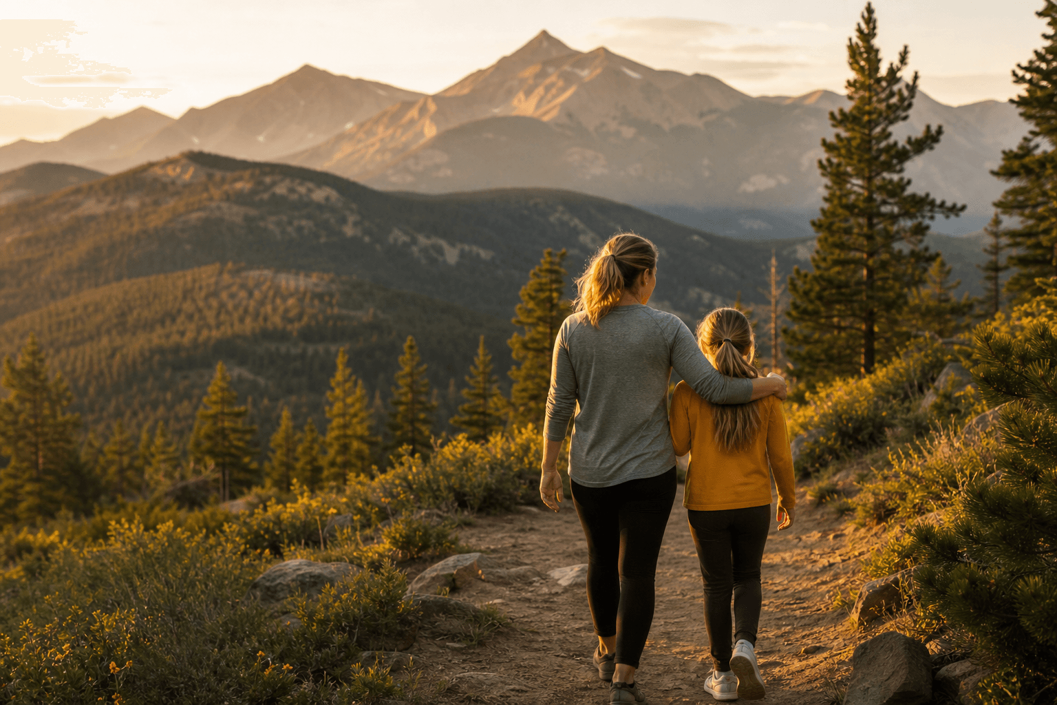 Mother and daughter walking together on a Colorado mountain trail at golden hour, representing restored family relationships through therapy