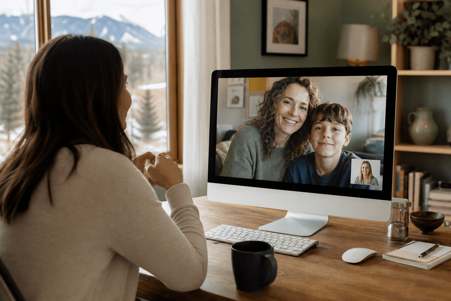Woman in a virtual therapy session that includes a family member on screen, representing the connected and healing nature of family therapy at Inner Peak Colorado