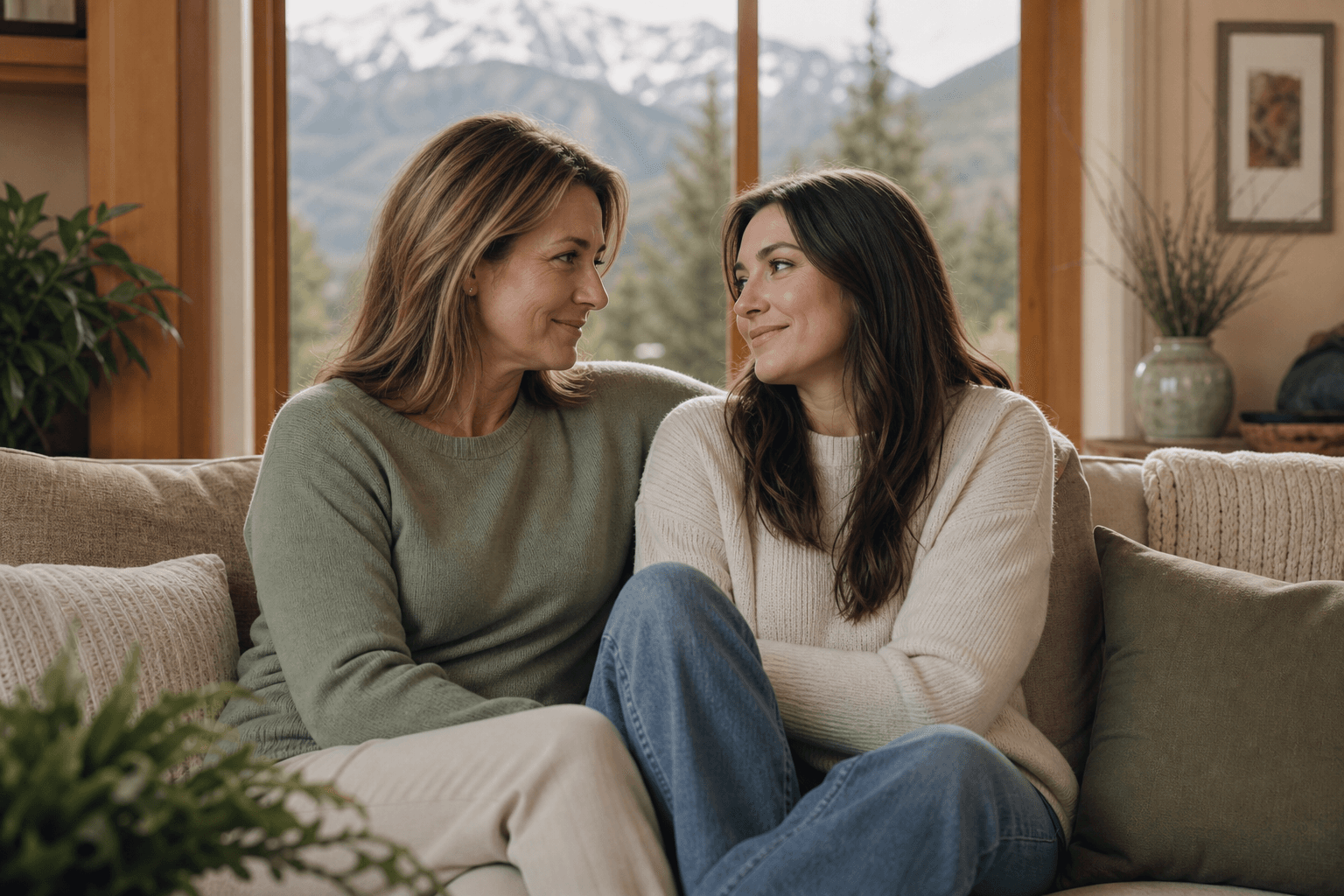 Mother and adult daughter sitting close together in a warmly lit Colorado home, representing the healing of family relationships through therapy