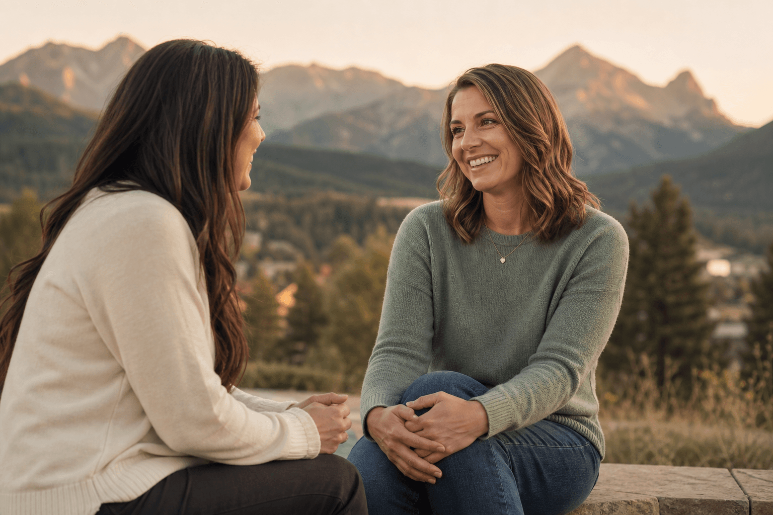 Two women talking warmly together in a Colorado outdoor setting, representing the community and connection formed through group therapy