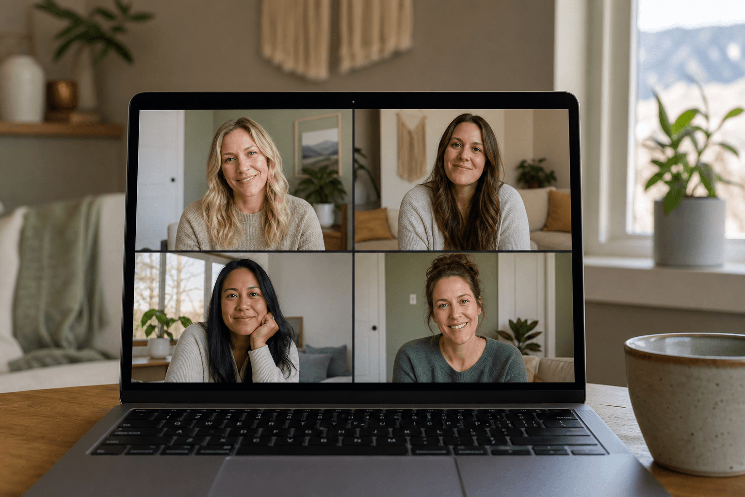 Virtual group therapy session showing four women connected through video, representing the women-only group therapy program at Inner Peak Colorado