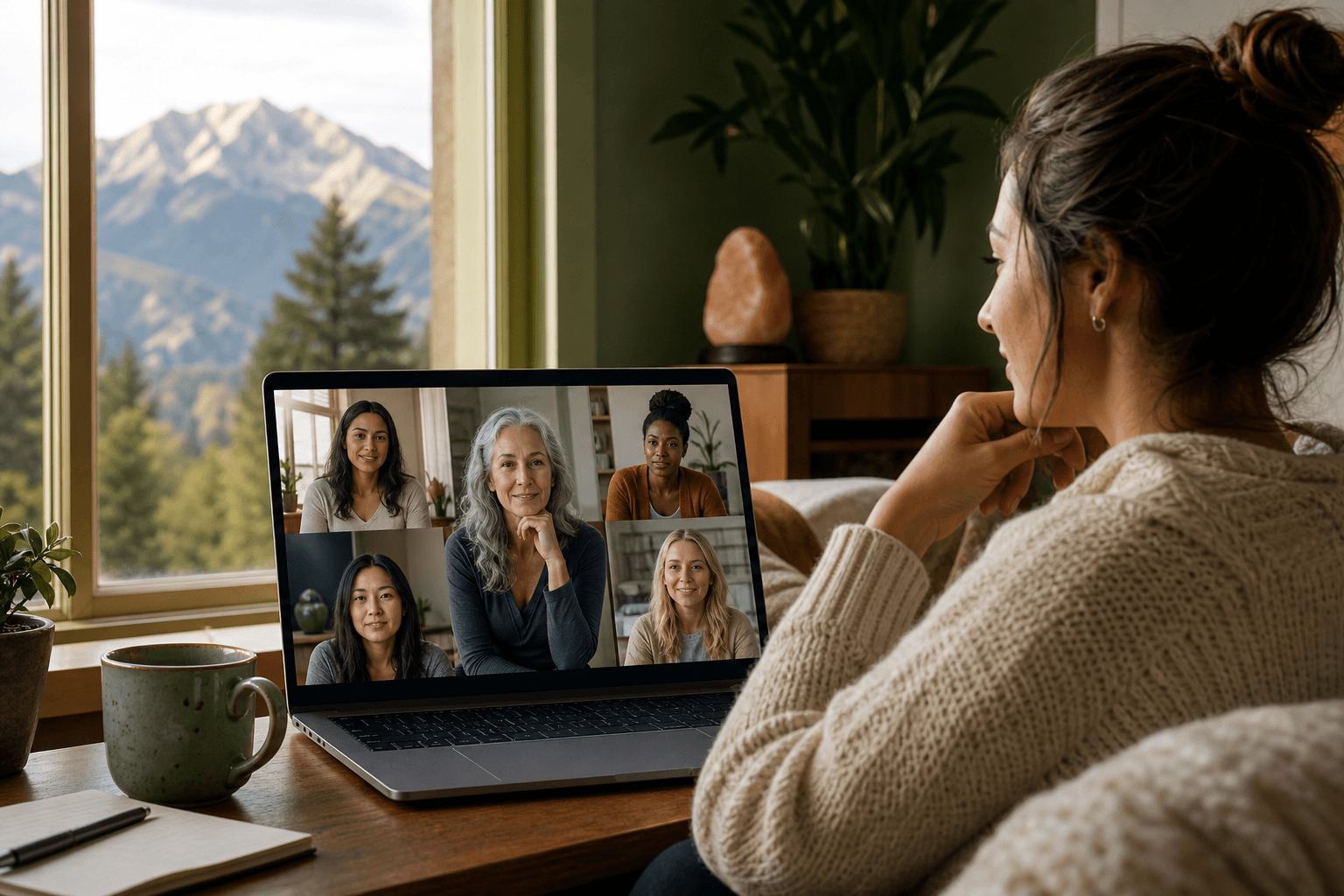 Woman in a Colorado home attending a virtual women-only group therapy session on her laptop with Colorado mountains visible