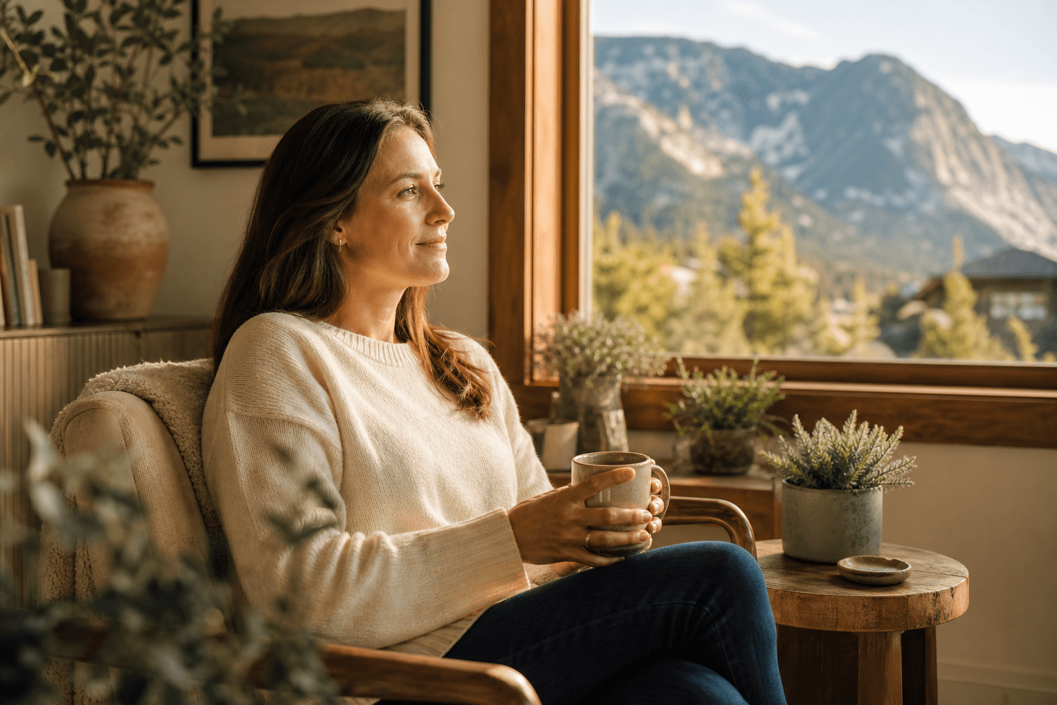 Woman sitting peacefully in a Colorado home after an individual therapy session, looking calm and resolved