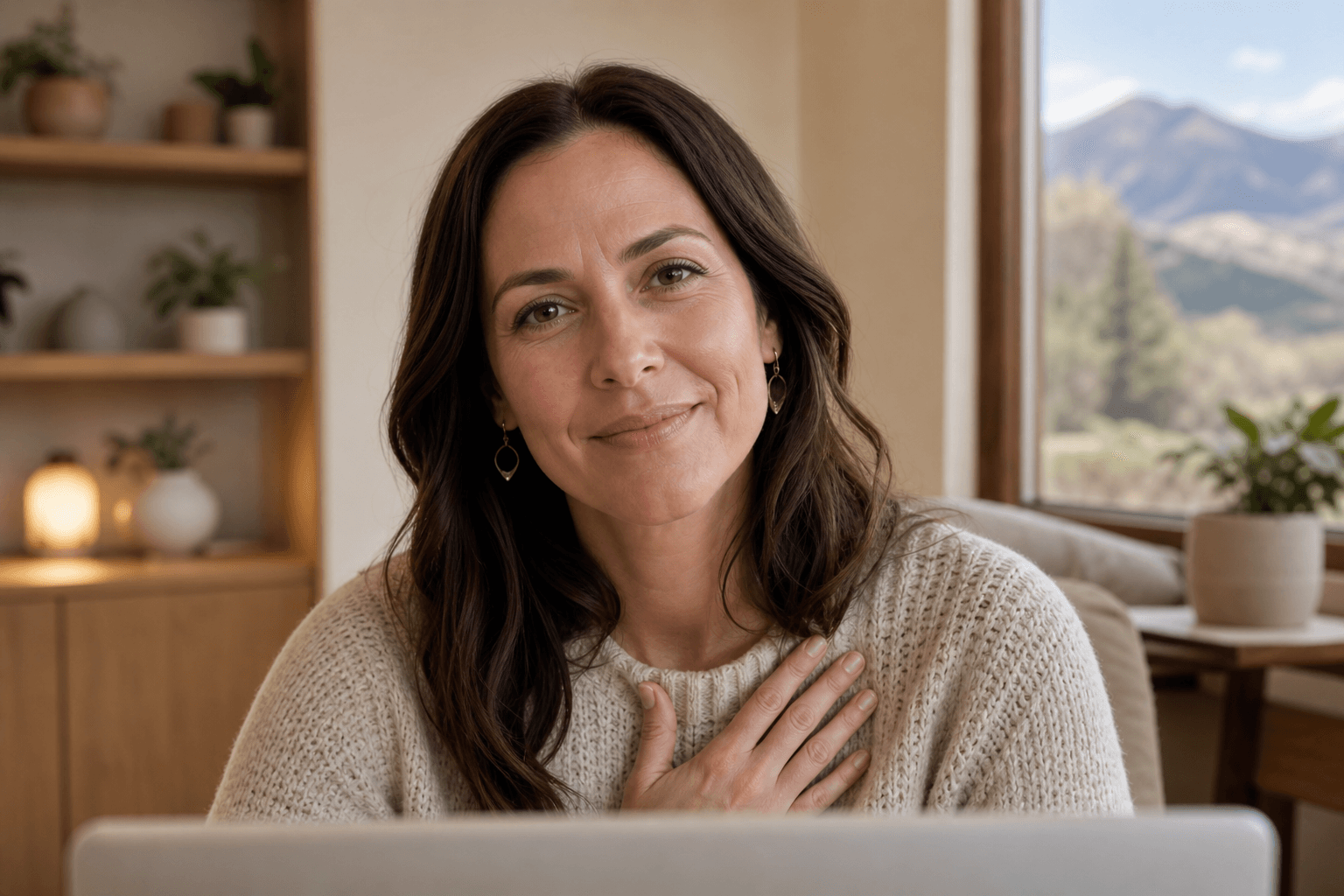Compassionate therapist visible on a virtual therapy session, warm and present — representing the one-on-one connection of individual therapy