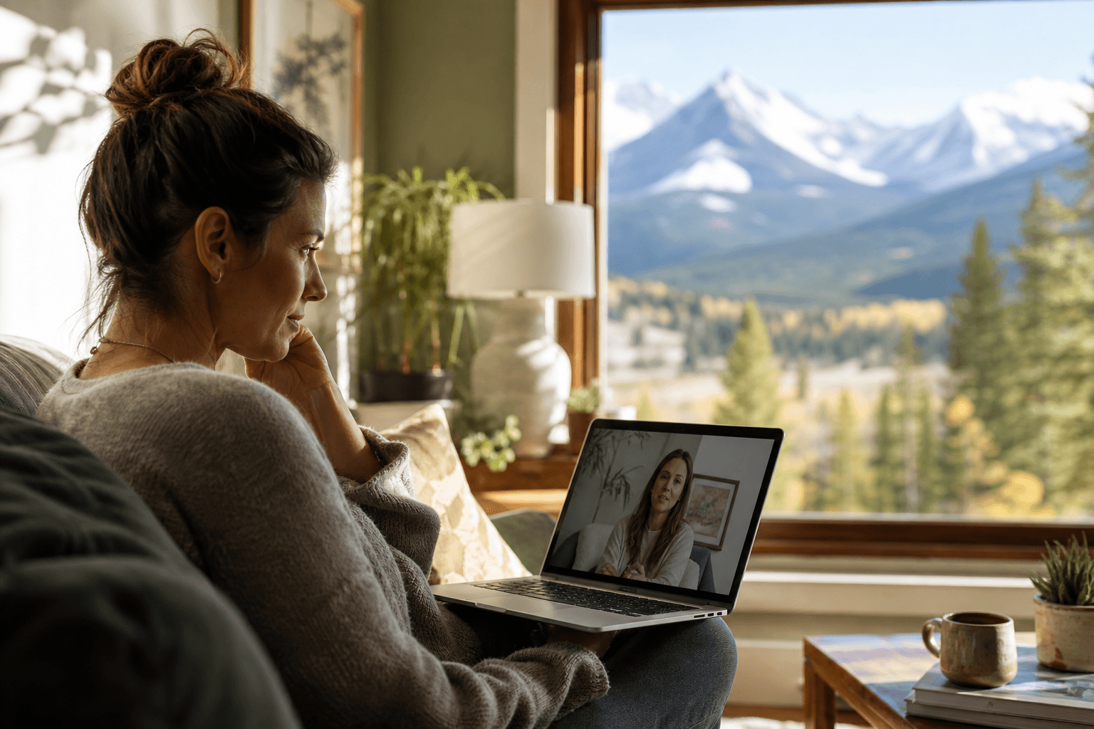 Woman in a serene Colorado home engaging in a virtual individual therapy session with mountains in the background