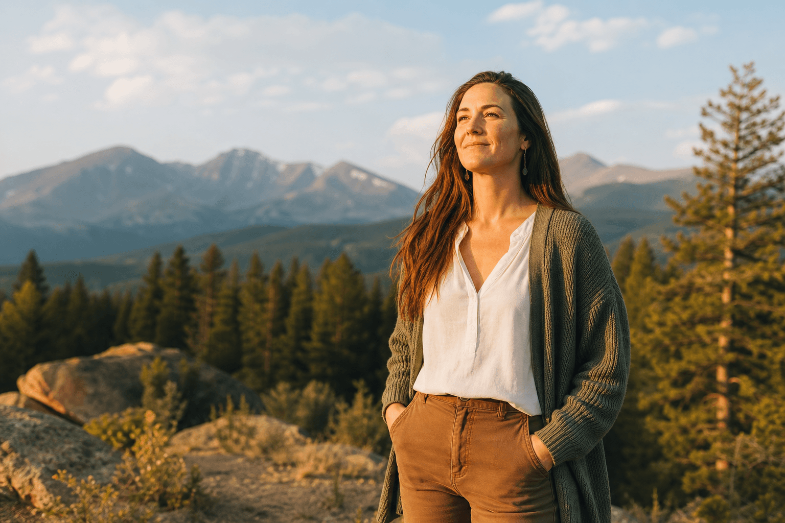 Woman standing confidently in Colorado mountains after imposter syndrome recovery