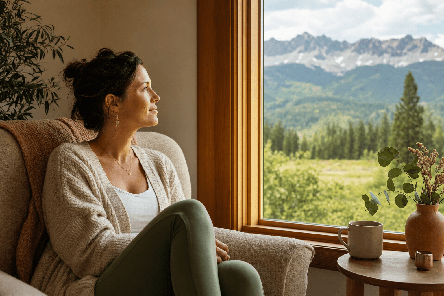 Woman finding calm and clarity during postpartum recovery